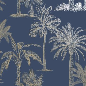 DUTCH-WALLCOVERINGS-Behang-Tropical-Trees-marineblauw-en-zilverkleurig