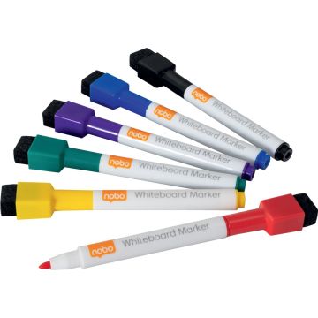 Nobo Geurarme Mini Whiteboard Markers met Wisser - Fijne Punt van 2 Millimeter - 6 Stuks - Assorti