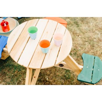 Plum picknicktafel rond met gekleurde zitjes