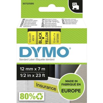 DYMO originele D1 labels | Zwarte Tekst op Geel Label | 12 mm x 7 m | Zelfklevende etiketten voor de LabelManager labelprinter | gemaakt in Europa