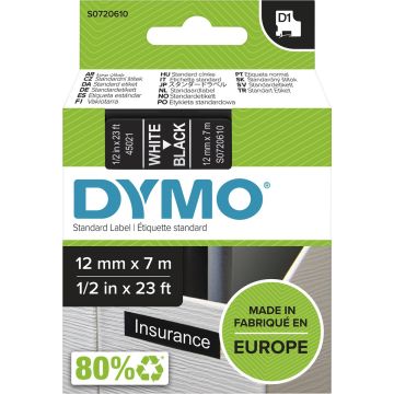 DYMO originele D1 labels | Witte Tekst op Zwart Label | 12 mm x 7 m | zelfklevende etiketten voor de LabelManager labelprinter