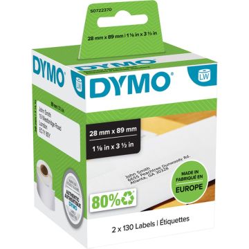 DYMO originele LabelWriter adreslabels | 28 mm x 89 mm | 2 rollen met elk 130 labels (260 zelfklevende etiketten) | Geschikt voor de LabelWriter labelprinters | Gemaakt in Europa