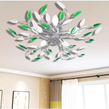 Lamp met kristallen bladeren van acryl voor 5x E14 wit/groen