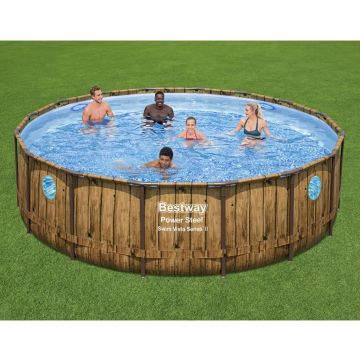 Bestway - Power Steel Swim Vista - Opzetzwembad inclusief filterpomp en accessoires - 488x122 cm - Houtprint - Rond