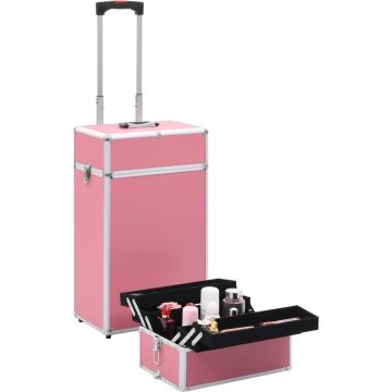 Luxe Make-up (Incl 3 Nep wimpers) Koffer aluminium Roze - Make up Trolley - Visagie koffer - Cosmetica koffer - Beauty case - Nagelstyliste koffer