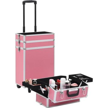 Make-up Koffer (Incl 3 Nep wimpers) aluminium Roze - Make up Trolley - Visagie koffer - Cosmetica koffer - Beauty case - Nagelstyliste koffer