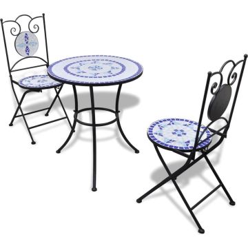 Bistrotafel met 2 stoelen 60 cm mozaïek blauw/wit (incl. Fleecedeken)