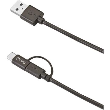 Micro-USB/Type-C Kabel, 1 meter - Zwart - Kunststof - Celly