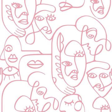 Noordwand-Behang-Friends-&amp;-Coffee-Line-Art-Faces-wit-en-roze