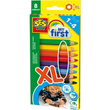 SES - My First - Kleurpotloden XL - korte en dikke potloden - 8 verschillende kleuren - ergonomische grip