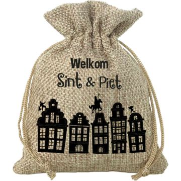 Mini Sinterklaas jute cadeau zak Welkom Sint en Piet print - Strooizak met koord - 18 x 25 cm