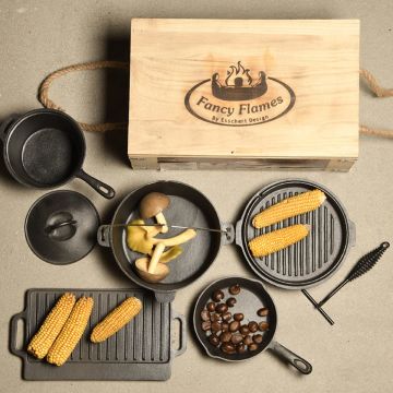 Gietijzeren Kampvuurkookset 7-delig met Dutch Oven - Esschert Design - Gietijzer - Buiten Koken - Kampvuur Kook Set