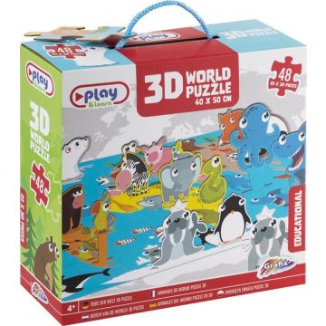 3D Wereldpuzzel | 40 X 50 CM | 48 puzzelstukjes | puzzel voor kinderen vanaf 4 jaar | educatieve puzzel | puzzel dieren