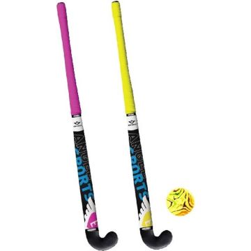 Hockeyset 2 st, kleur roze en geel kunststof 33" met gele bal in tas