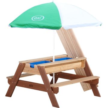 AXI Nick Zand &amp; Water Picknicktafel in Bruin - Met in hoogte verstelbare Parasol in Groen/Wit - Multifunctionele Picknick tafel van FSC hout - Picknick tafel voor kinderen van hout