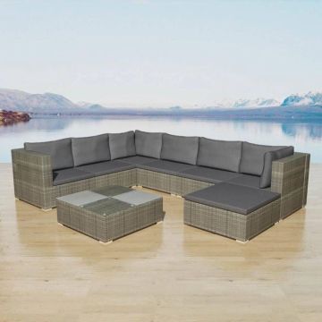 vidaXL 8-delige Loungeset met kussens poly rattan grijs