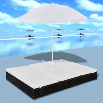 vidaXL Loungebed met parasol poly rattan zwart