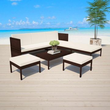 vidaXL 6-delige Loungeset met kussens poly rattan bruin