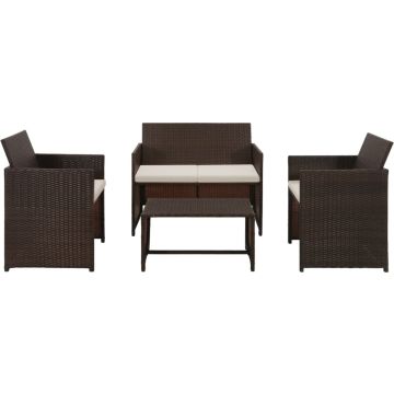 vidaXL 4-delige Loungeset met kussens poly rattan bruin