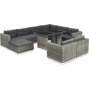 vidaXL 10-delige Loungeset met kussens poly rattan grijs