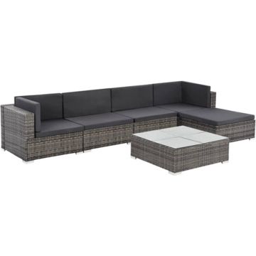 vidaXL 6-delige Loungeset met kussens poly rattan grijs