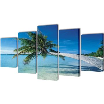 vidaXL Canvas muurdruk set zandstrand met palmboom 200 x 100 cm