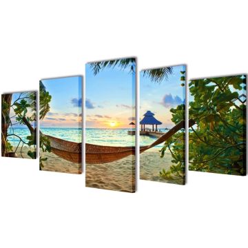 vidaXL Canvas muurdruk set zandstrand met hangmat 200 x 100 cm