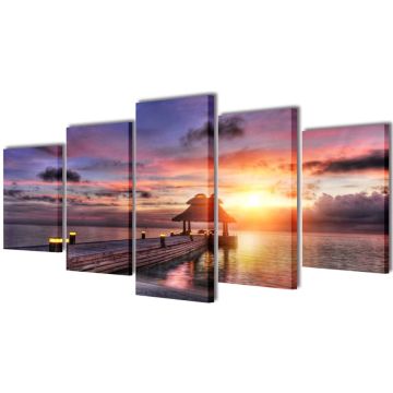 vidaXL Canvas muurdruk set zandstrand met paviljoen 200 x 100 cm