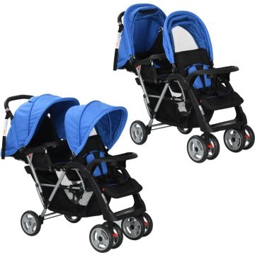 vidaXL Kinderwagen dubbel staal blauw en zwart