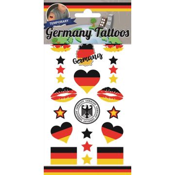 Germany Tattoos - Duitsland Tattoos - Tijdelijke Tattoo - Body Glitter - Plak Tattoos - Nep Tattoo - Fake Tattoo - Vlaggen - Kinderen en volwassenen - 1 Vel met 12 tattoos
