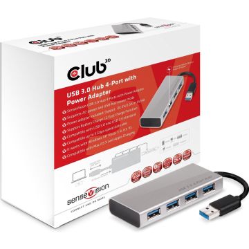 club3D CSV-1431 USB 3.2 Gen 1-hub 4 poorten Met aluminium behuizing, Met snellaadpoort Aluminium (geborsteld)