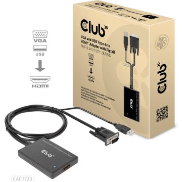 club3D CAC-1720 HDMI / USB / VGA Adapter [2x VGA-stekker, USB-stekker - 1x HDMI-bus] Zwart High Speed HDMI, Met USB, Sc
