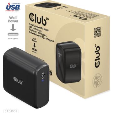 CLUB3D Travel Charger 100 Watt GAN technology, USB-IF TID certified, Single port USB Type-C, Power Delivery(PD) 3.0 Support, Binnen, USB, Zwart