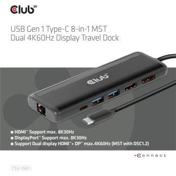 CLUB3D USB Gen 1 Type-C 8-in-1 MST Dual 4K60Hz Display Travel Dock, USB 3.2 Gen 1 (3.1 Gen 1) Type-C, 100 W, 10,100,1000 Mbit/s, Zwart, MicroSD (TransFlash), SD, 60 Hz