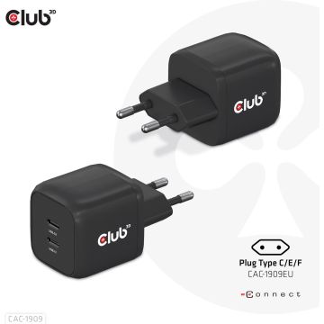 CLUB3D Travel Charger PPS 45W GAN technology, Dual port USB Type-C, Power Delivery(PD) 3.0 Support