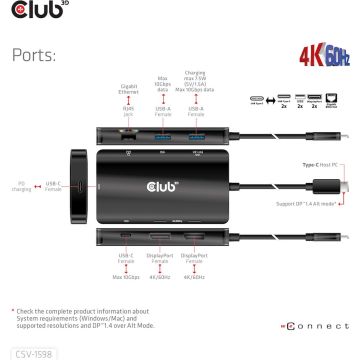 CLUB3D USB Gen2 Type-C to Dual DisplayPort 4k60Hz 7-in-1 HUB - 2x Displayport, USB 3.2 Gen 2 (3.1 Gen 2) Type-C, 100 W, 1.4/2.2, 10,100,1000 Mbit/s, Zwart, 4K Ultra HD