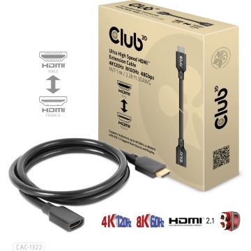 CLUB3D Ultra High Speed HDMI Extension Cable 4K120Hz 8K60Hz 48Gbps M/F 1 m / 3.28 ft 30AWG, 1 m, HDMI Type A (Standaard), HDMI Type A (Standaard), Audio Return Channel (ARC), Zwart