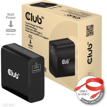 CLUB3D Travel Charger 140 Watt GaN technology, Single port USB Type-C, Power Delivery(PD) 3.1 Support, Binnen, AC, USB, 28 V, 1 m, Zwart