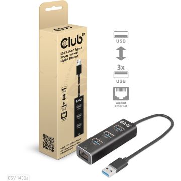 CLUB3D USB 3.2 Gen1 Type-A, 3 Ports Hub with Gigabit Ethernet, Bedraad, USB 3.2 Gen 1 (3.1 Gen 1) Type-A, 1000 Mbit/s, Zwart, USB, USB Type-C