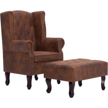 vidaXL Fauteuil en voetenbank Chesterfield-stijl kunstsuède bruin