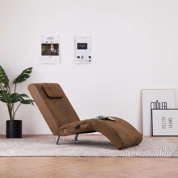 vidaXL Massage chaise longue met kussen kunstsuède bruin