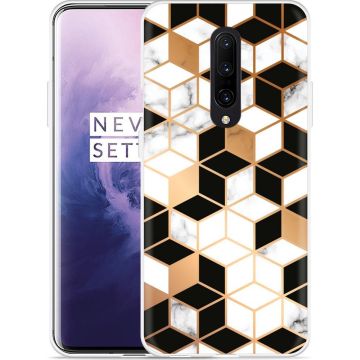 OnePlus 7 Pro Hoesje Black-white-gold Marble - Designed by Cazy