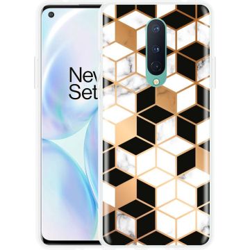 OnePlus 8 Hoesje Black-white-gold Marble