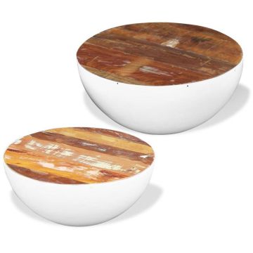 Salontafel Wit Bruin Antiek hout set van 2 stuks (Incl dienblad) - Koffietafel - Bijzettafel - Nachtkastje - Sidetable - Salon tafel