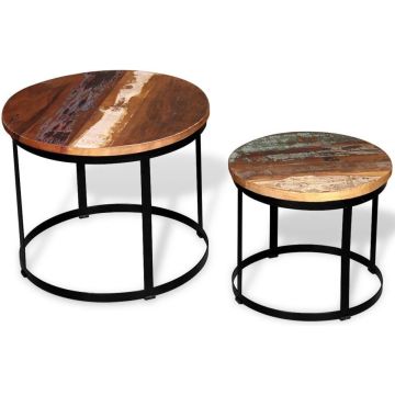 Salontafel Bruin Antiek hout set van 2 stuks (Incl dienblad) - Koffietafel - Bijzettafel - Nachtkastje - Sidetable - Salon tafel