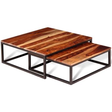 Salontafel Bruin hout set van 2 stuks (Incl dienblad) - Koffietafel - Bijzettafel - Nachtkastje - Sidetable - Salon tafel