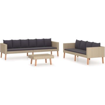 vidaXL 3-delige Loungeset met kussens poly rattan beige