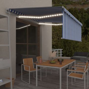 vidaXL Luifel met rolgordijn, LED en windsensor 4,5x3 m blauw en wit