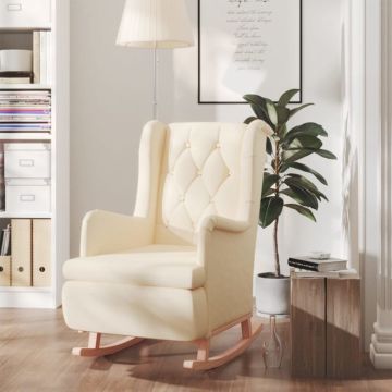 vidaXL Fauteuil met massief rubberwood schommelpoten stof crèmekleurig