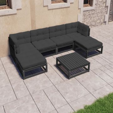 vidaXL 7-delige Loungeset met kussens massief grenenhout zwart